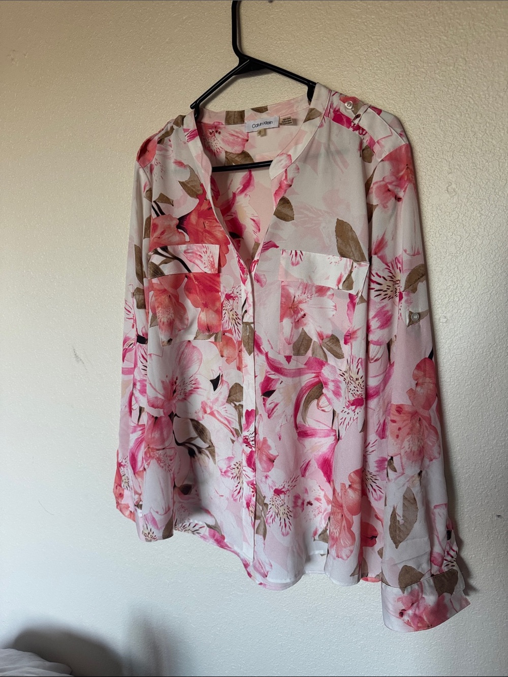 Calvin Klein Pink & Cream Floral V-Neck Blouse